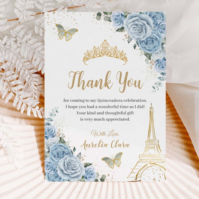Carte De Remerciements Baby Blue Floral Eiffel Tower Sweet 16 Quinceañera (Créateur téléchargé)
