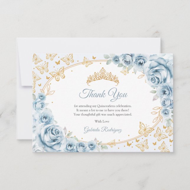 Carte De Remerciements Baby Blue Gold Floral Quinceanera (Devant)