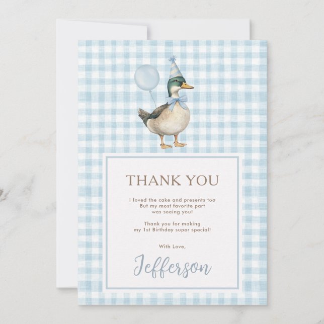 Carte De Remerciements Baby Blue One Lucky Duck 1er anniversaire (Devant)