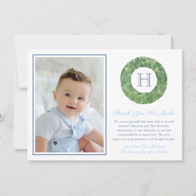 Carte De Remerciements Baby Boy Baptism Anniversaire Smart Monogramme (Devant)