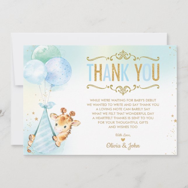 Carte De Remerciements Baby Boy Giraffe Ballons Baby shower Sprinkel (Devant)