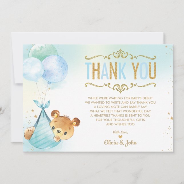 Carte De Remerciements Baby Boy Teddy Bear Balloons Baby shower Sprinking (Devant)