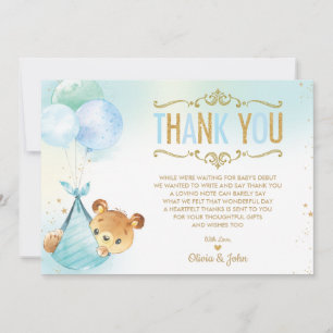 Carte De Remerciements Baby Boy Teddy Bear Balloons Baby shower Sprinking