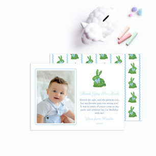 Carte De Remerciements Baby-Bunny Vert Bleu Bébé Photo de garçon Annivers