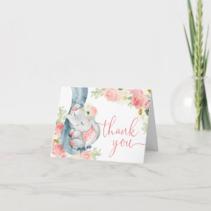Carte De Remerciements Baby éléphant crème rose aquarelles florales