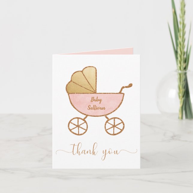 Carte De Remerciements Baby Girl Douche Retro Carriage Pink Gold (Devant)