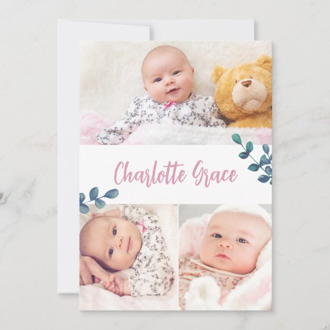 Carte De Remerciements Baby Girl nom Eucalyptus et rose photos personnali (Devant)