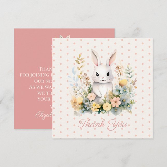 Carte De Remerciements Baby Girl rose lapin et Baby shower de fleurs (Devant / Derrière)