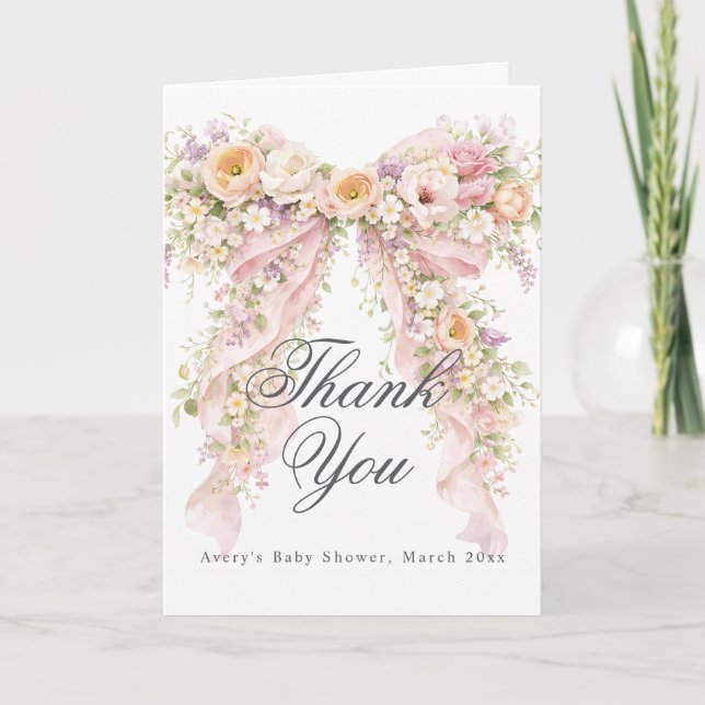 Carte De Remerciements Baby in bloom Floral Bow Girl Baby Shower  (Devant)