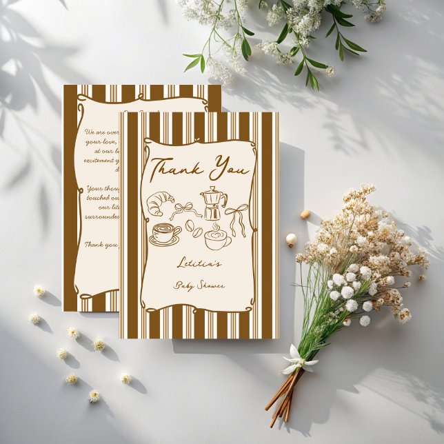 Carte De Remerciements Baby is brewing retro stripes coffee baby shower (Baby is brewing retro stripes coffee baby shower thank you card hand drawn coffee baby shower )