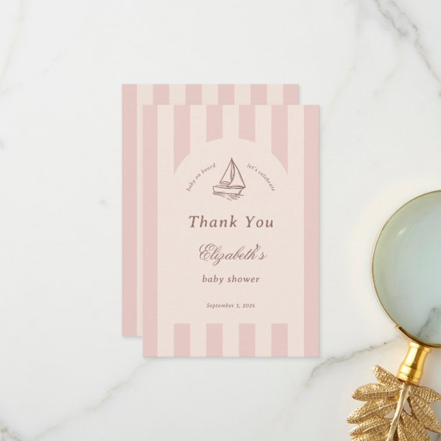 Carte De Remerciements Baby On Board Elegant Pink Sailboat Baby Shower (Devant/Arrière en situation)