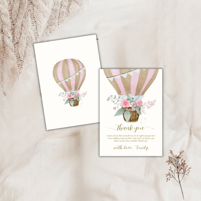 Carte De Remerciements Baby shower à bulle à air chaud doux et élégant (Sweet Elegant Floral Hot Air Balloon Baby Shower Thank You Card)