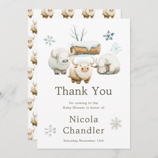 Carte De Remerciements Baby shower à la vache arctique d'hiver (Devant / Derrière)