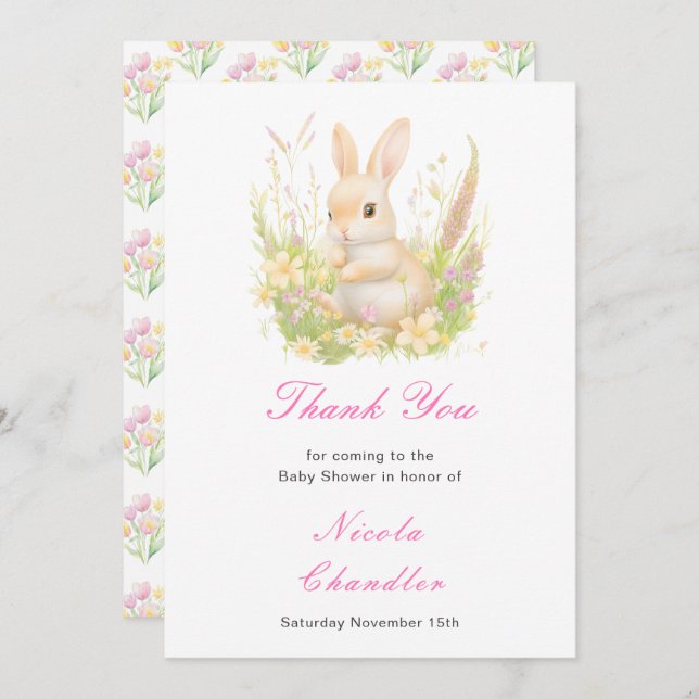 Carte De Remerciements Baby shower à lapin de printemps (Devant / Derrière)
