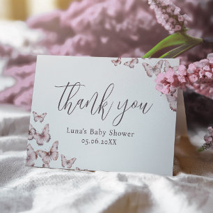 Carte De Remerciements Baby shower à papillon mou et rose plié