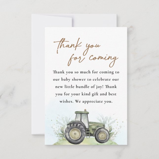 Carte De Remerciements Baby shower agricole de tracteurs verts modifiable (Devant)