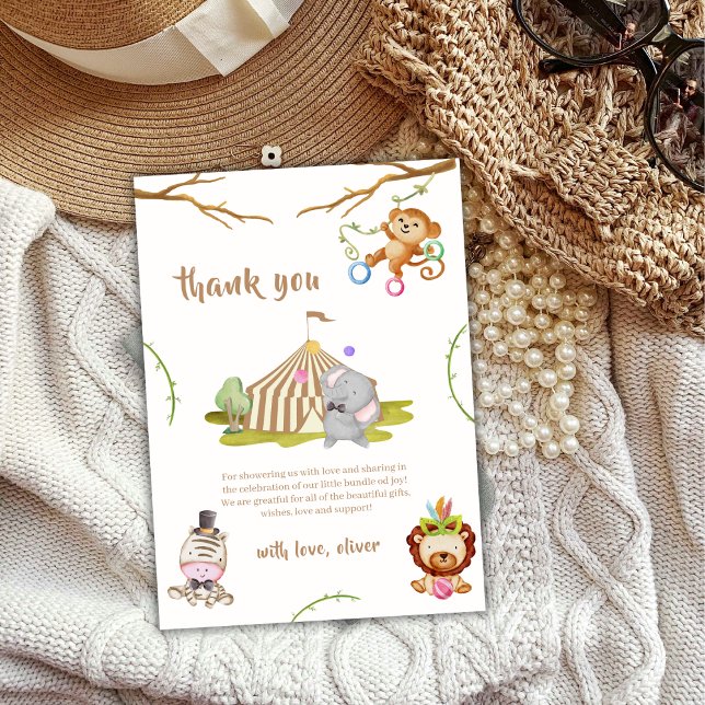 Carte De Remerciements Baby shower animalier Woodland Safari (Woodland Safari Animal Circus Baby Shower Thank You Card)