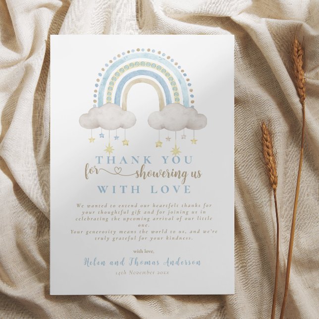 Carte De Remerciements Baby shower arc-en-ciel bleu Boho (Boho Blue Rainbow Baby Shower Thank You Card)