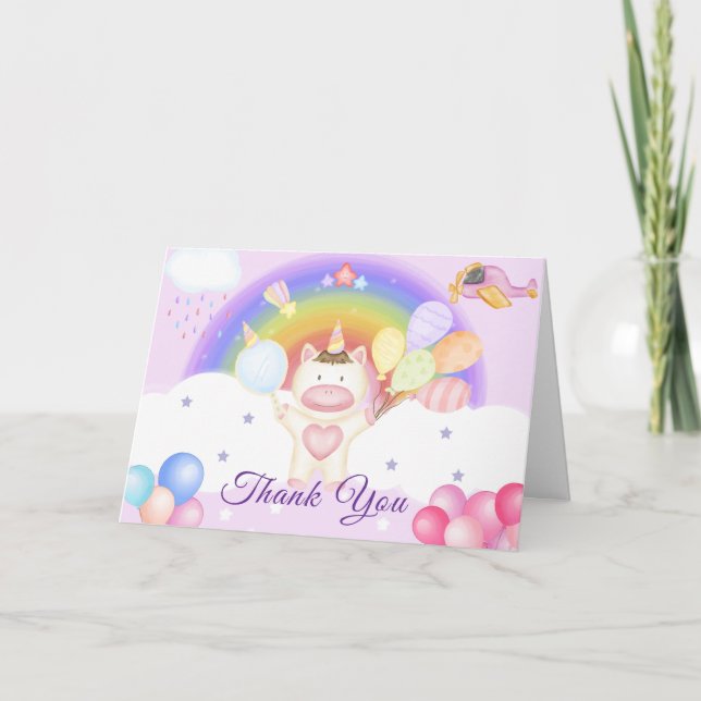 Carte De Remerciements Baby shower arc-en-ciel Pastel Balloon Unicorn (Devant)