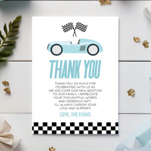 Carte De Remerciements Baby shower automobile Blue Racecar Race