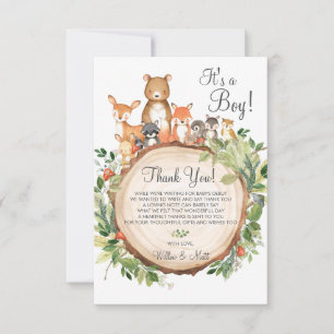 Carte De Remerciements Baby Shower aux animaux de la forêt rustique garço