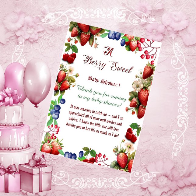 Carte De Remerciements Baby shower aux fraises rouges | Blue Berry Sweet  (Red Strawberry Baby Shower | Blue Berry Sweet Cute Thank You Card)