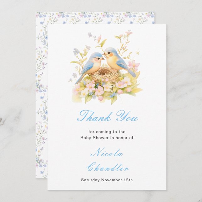 Carte De Remerciements Baby shower aux oiseaux de printemps (Devant / Derrière)