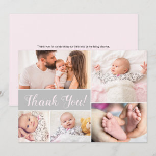Carte De Remerciements Baby shower avec bébé Photo Collage Gris rose