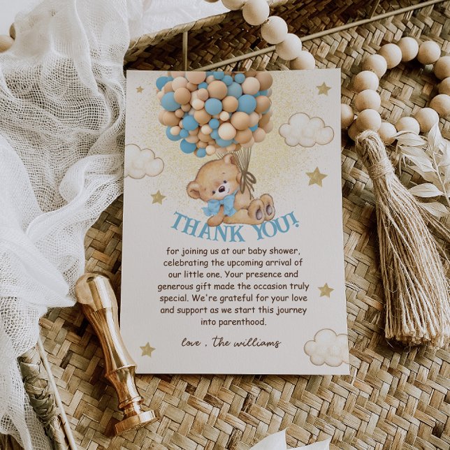 Carte De Remerciements Baby shower Ballons Bleus Ours Teddy (Créateur téléchargé)