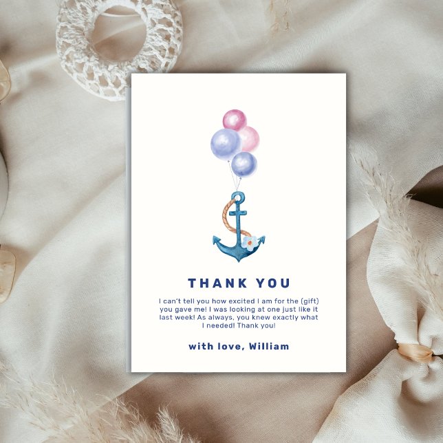 Carte De Remerciements Baby shower Ballons d'Ancres Nautiques Minuscules (Cute Minimal Nautical Anchor Balloon Baby Shower Thank You Card)