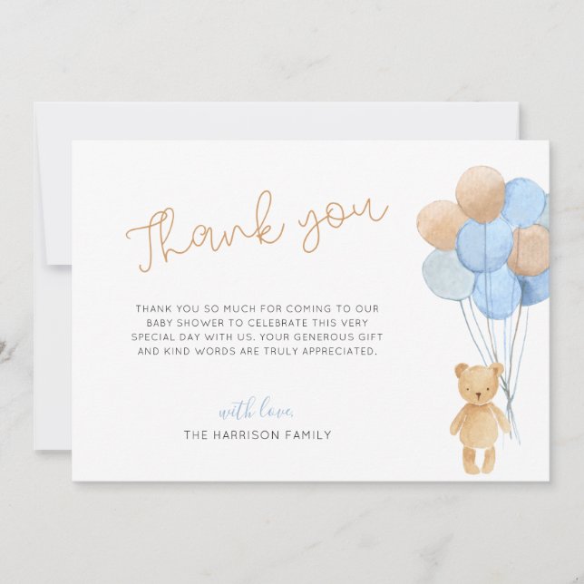 Carte De Remerciements Baby shower Ballons Teddy Bear Blue Tan (Devant)