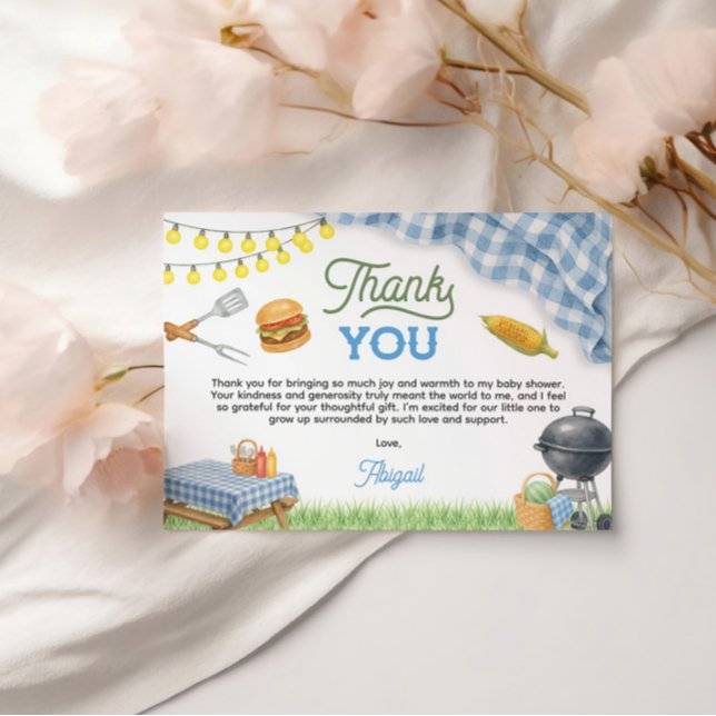 Carte De Remerciements Baby shower BBQ bleu 5x3.5 (Blue BBQ Baby Shower 5x3.5 Thank You Card)