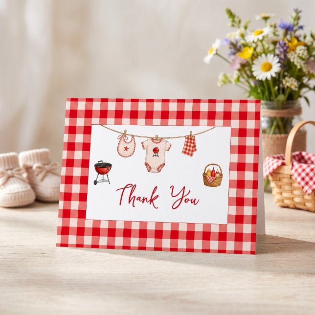 Carte De Remerciements Baby Shower BBQ Rustique Gingham Rouge (Bbq Baby Shower Rustic Red Gingham Thank You Card)