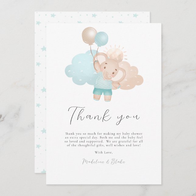 Carte de remerciements Baby shower bébé éléphant (Devant / Derrière)