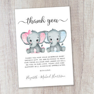 Carte De Remerciements Baby shower bébé Eléphant Twin Girl