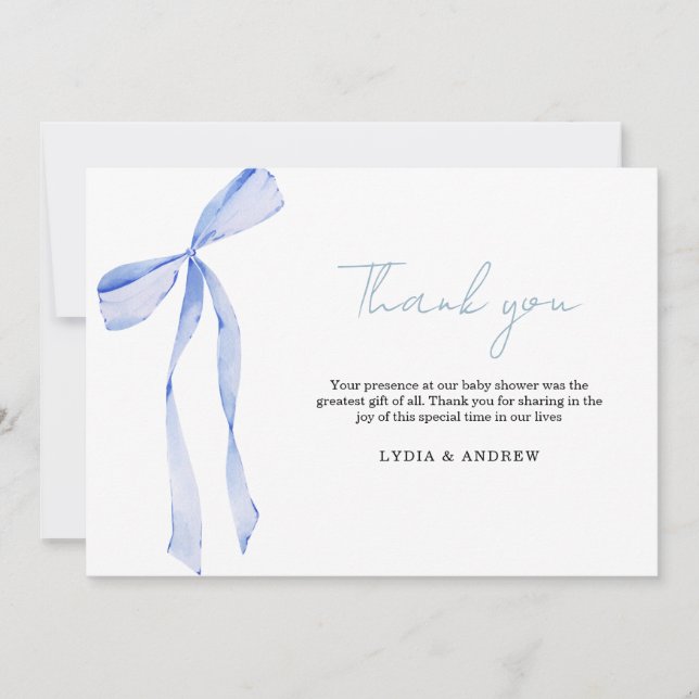 Carte De Remerciements Baby shower Bleu Bow Invitation, Baby shower garço (Devant)