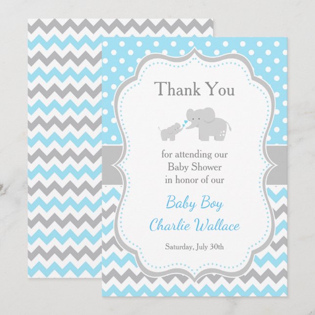 Carte De Remerciements Baby shower bleu et gris éléphant (Devant / Derrière)