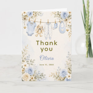 Carte De Remerciements Baby-Shower Bleu Floral Corde à Linge Baby-Shower