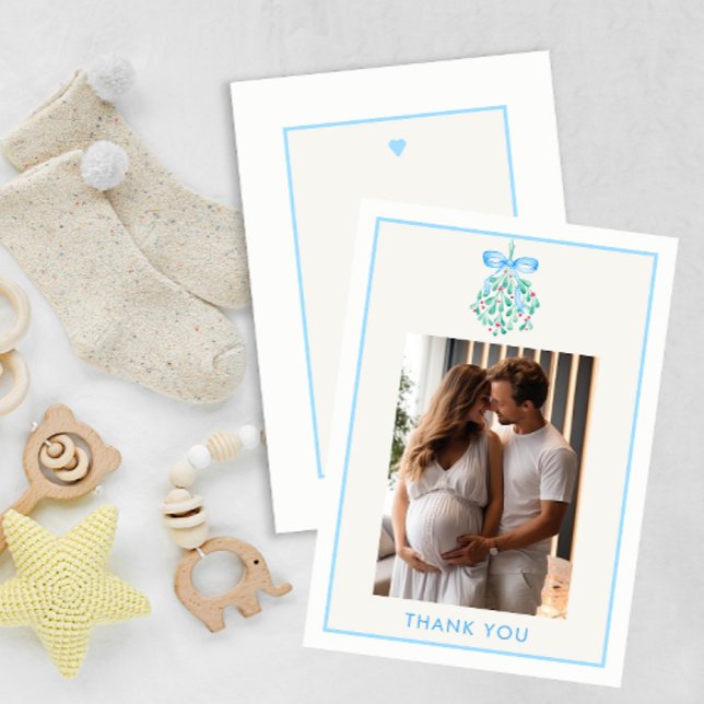 Carte de remerciements Baby shower bleu Mistletoe (Baby Boy Under The Mistletoe Baby Shower Thank you Card)