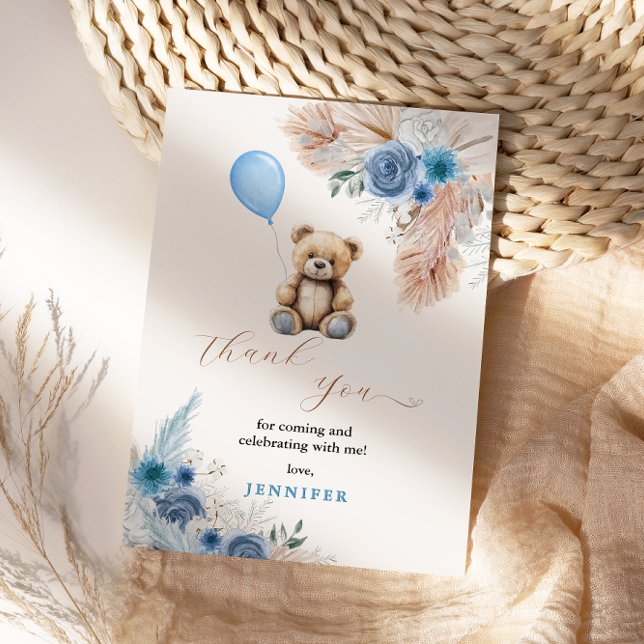 Carte De Remerciements Baby shower bleu Teddy Bear Florals Pampas Grass (Créateur téléchargé)