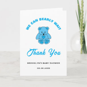 Carte De Remerciements Baby shower Bleu Teddy Ours Nous Pouvons Attendre