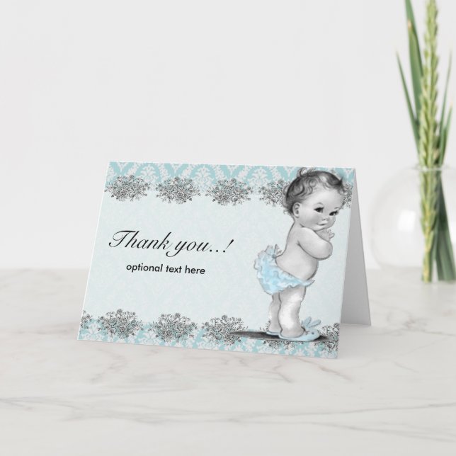 Carte de remerciements Baby shower bleu vintage (Devant)
