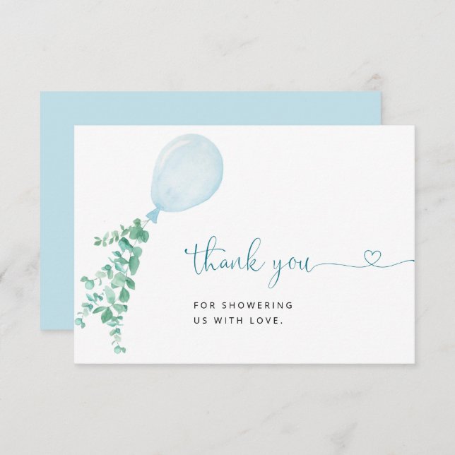 Carte De Remerciements Baby shower Bleu Watercolor Balloon Boy (Devant / Derrière)