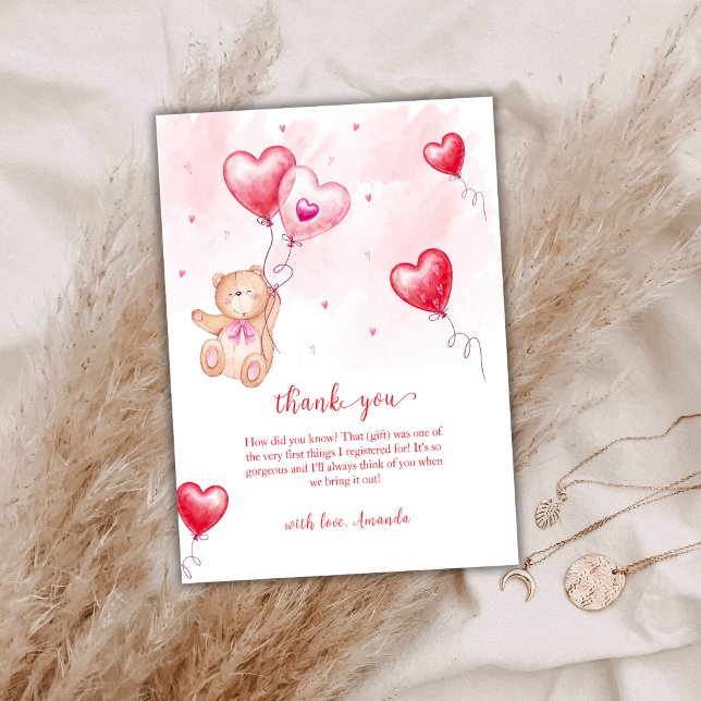 Carte De Remerciements Baby shower Blonde Coeur Teddy Moderne (Cute Modern Teddy Bear Heart Balloon Baby Shower Thank You Card)