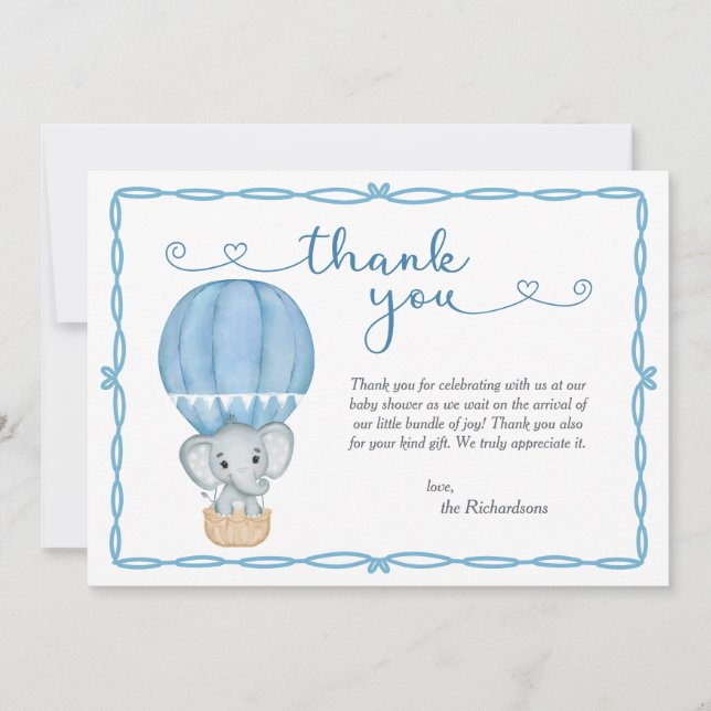 Carte De Remerciements Baby shower Blue Elephant (Devant)