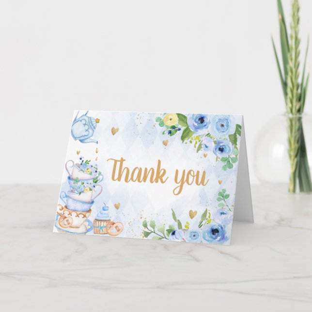 Carte De Remerciements Baby shower Blue Floral Tea Party (Devant)