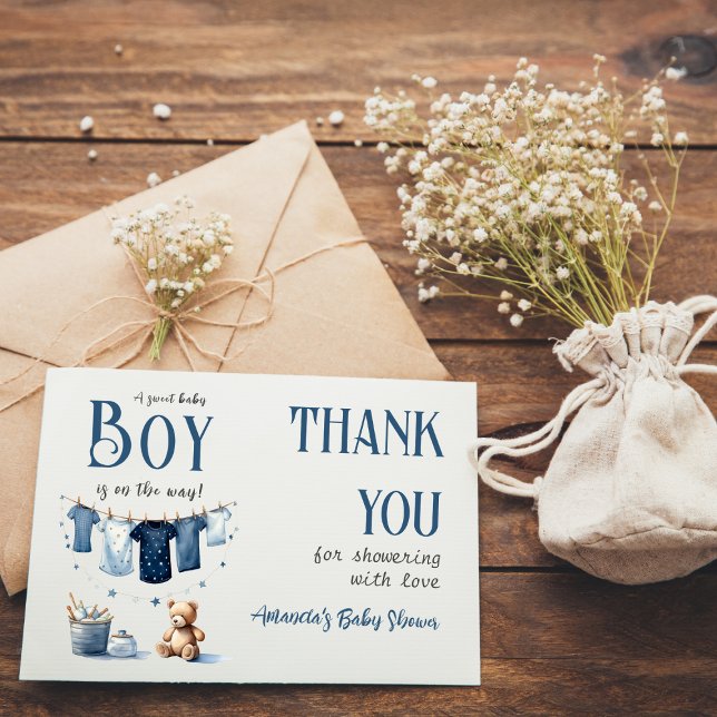 Carte De Remerciements Baby shower Boho Clothesline Blue Boy (Créateur téléchargé)