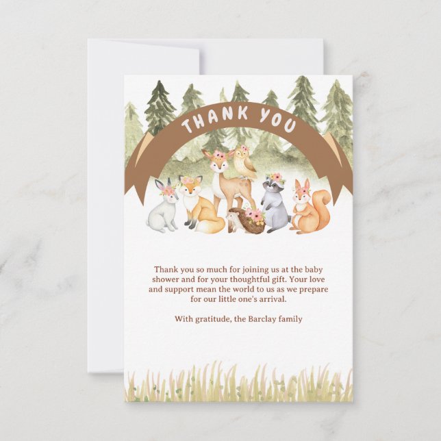 Carte De Remerciements Baby shower Brown Et Vert Des Animaux De Bois (Devant)
