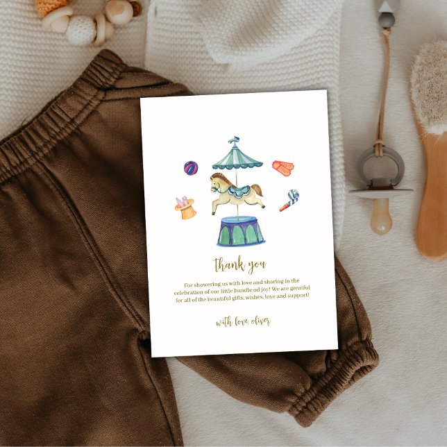 Carte De Remerciements Baby shower carnavalesque rétro Vintage (Retro Vintage Carousel Carnival Baby Shower Thank You Card)