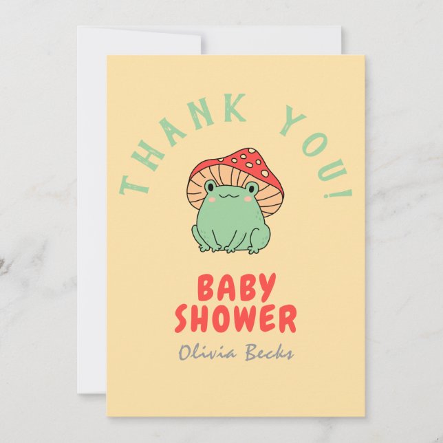 Carte De Remerciements Baby Shower Champignon avec Grenouille (Devant)